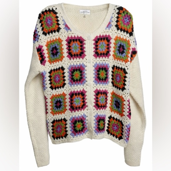 Northern Reflections Sweaters - Northern Reflections Granny Square Crochet Cardigan Sweater Cream Multicolor Med